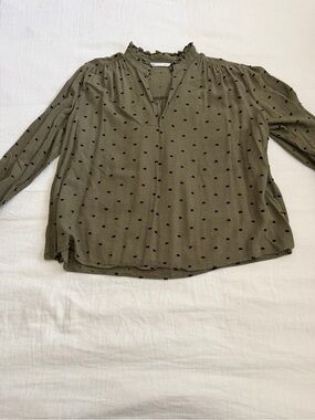 Zara Olive Green Polka Dot Ruffle-Trim Blouse - Women